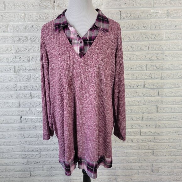 Catherines Womens Top 2X Plus Tunic Knit Purple Plaid Collar PLA59E - Picture 1 of 8